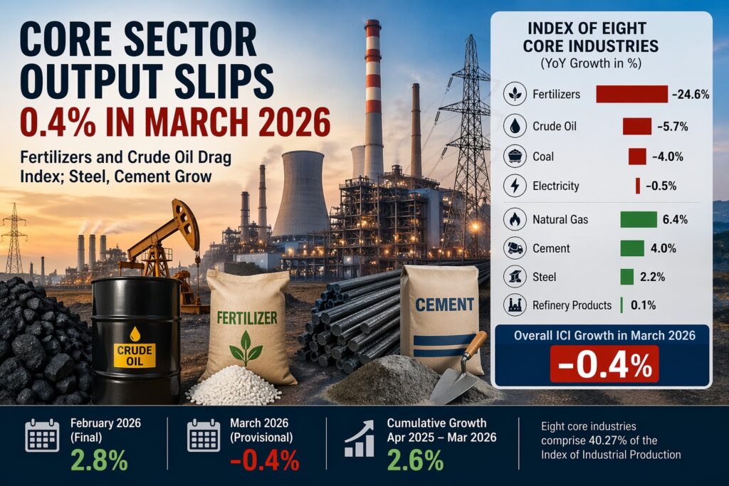 The decline was driven by negative growth in fertilizers, crude oil, coal and electricity, reflecting sector-specific pressures even as construction-linked segments such as steel and cement remained resilient.
