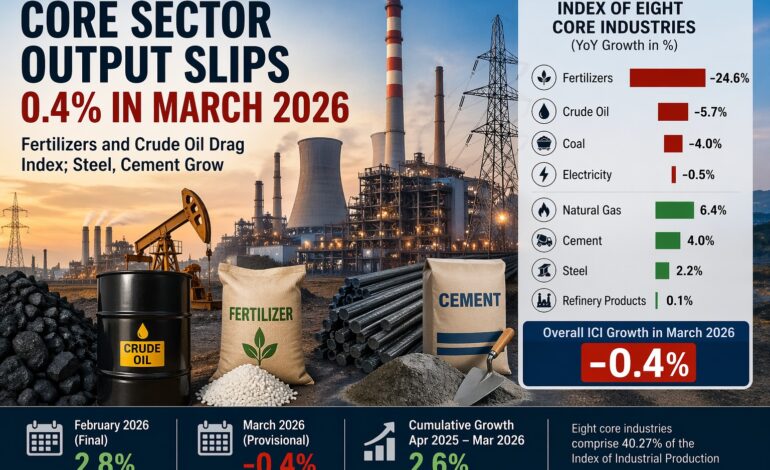 Core Sector Output Slips 0.4% in March 2026; Fertilizers, Crude Oil Drag Index