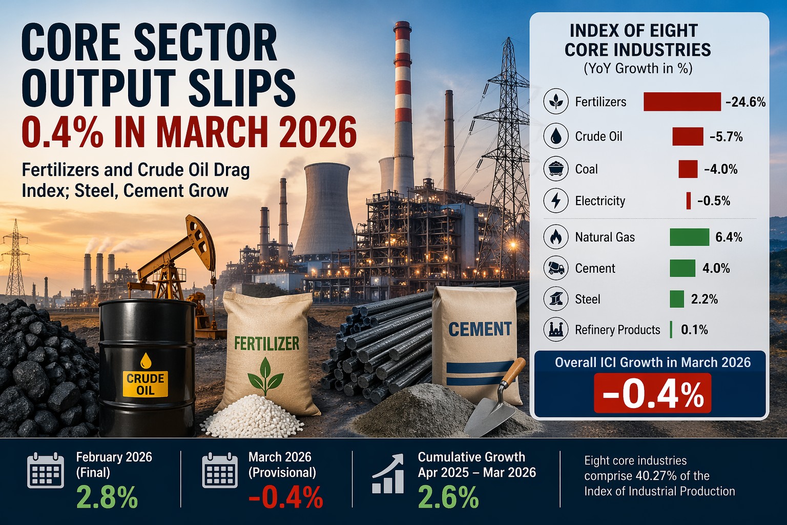 Core Sector Output Slips 0.4% in March 2026; Fertilizers, Crude Oil Drag Index