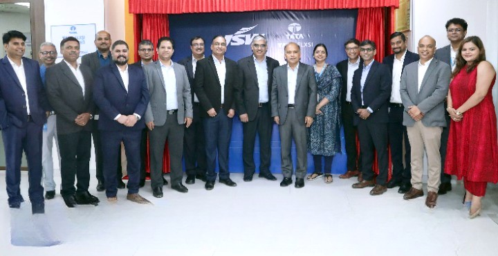 Ranjan Nayak, CEO of JSW Motors, Manoj Raghavan, MD and CEO of Tata Elxsi, and technology teams at the launch of the JNEXT Center at Tata Elxsi, Pune.