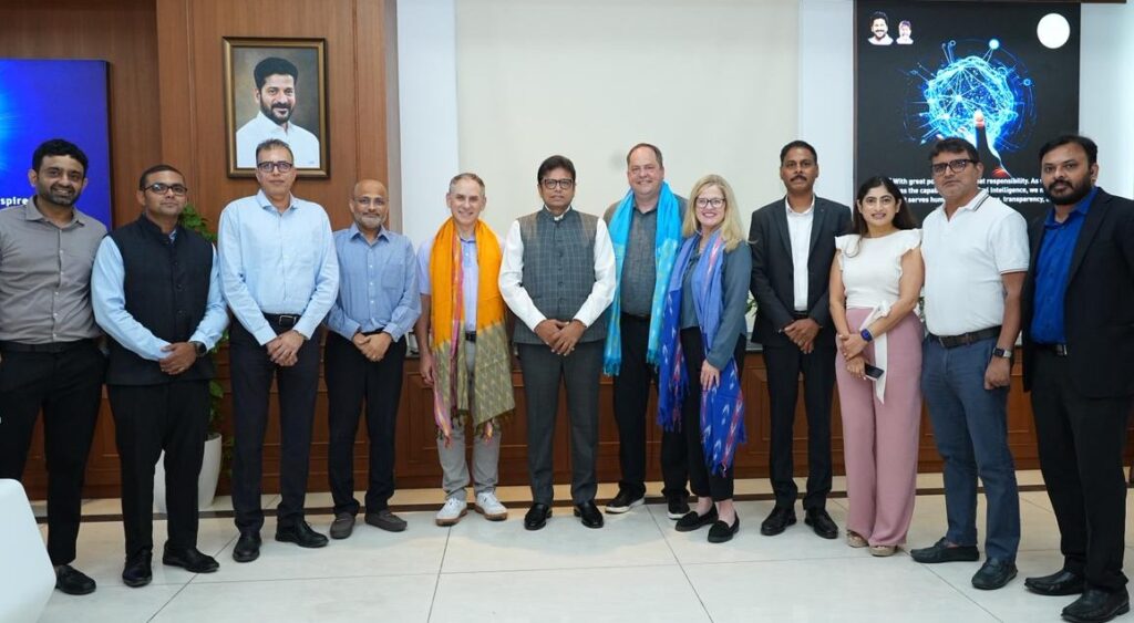 Senior leadership from Protolabs, including CFO Dan Schumacher, CHRO Agnes Semington, CTO & AI officer Marc Kermisch and India MD Ashish Sharma, meet Telangana IT and industries minister Duddilla Sridhar Babu, in Hyderabad on Thursday.