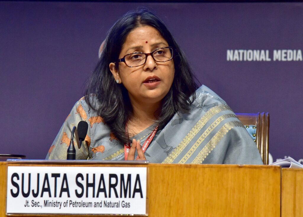 Sujata Sharma, Joint Secretary, Ministry of Petroleum & Natural Gas, addresses the Inter-Ministerial Briefing on West Asia developments at National Media Centre, in New Delhi on Thursday.