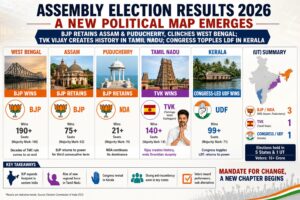 BJP Sweeps Bengal, Retains Assam and Puducherry; Vijay’s TVK Storms Tamil Nadu, Congress Returns in Kerala