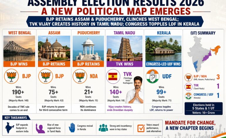 BJP Sweeps Bengal, Retains Assam and Puducherry; Vijay’s TVK Storms Tamil Nadu, Congress Returns in Kerala