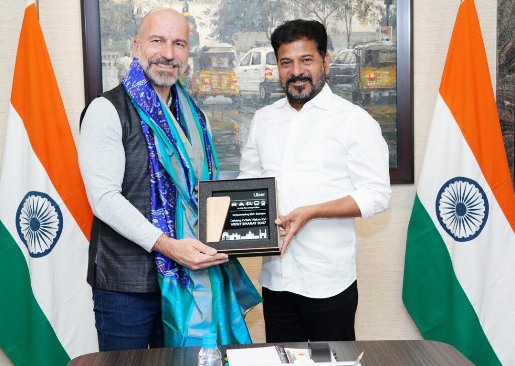 Uber Chief Executive Officer Dara Khosrowshahi meets Chief Minister A. Revanth Reddy at the latter’s residence in Hyderabad to discuss the company’s expansion plans in Telangana, on Wednesday.