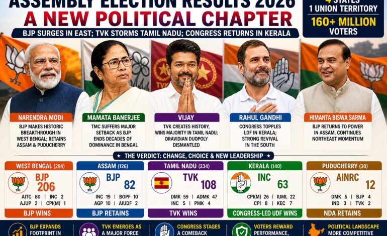 BJP Expands East, TVK Reshapes South; Congress Returns in Kerala as 2026 Verdict Redraws Political Map