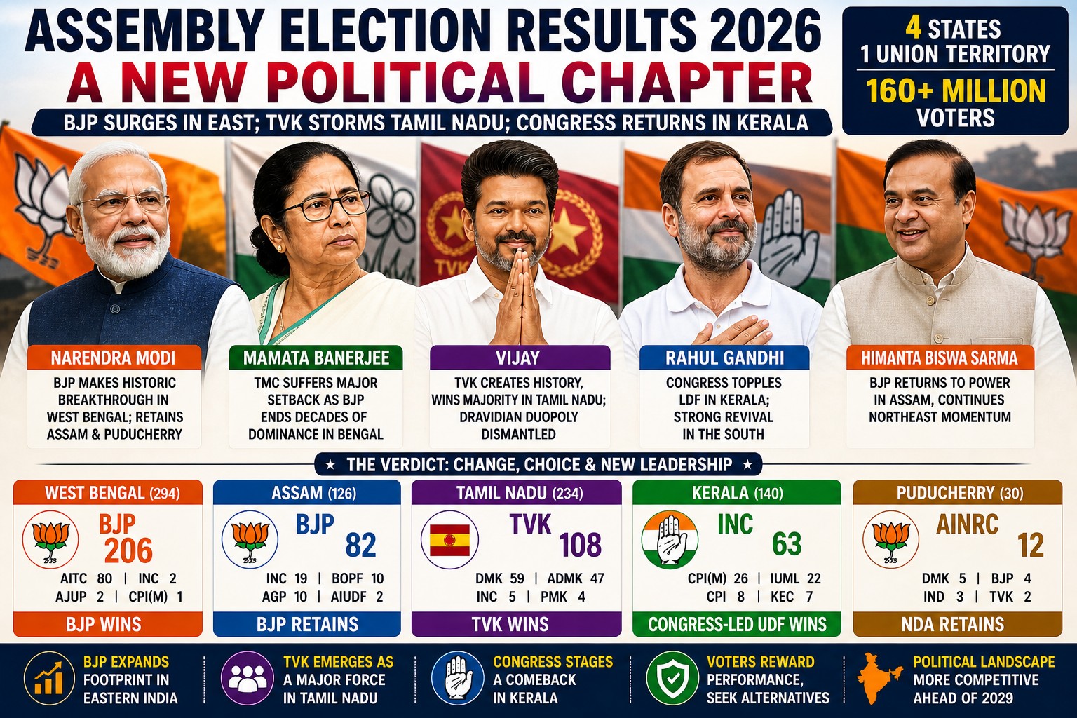 BJP Expands East, TVK Reshapes South; Congress Returns in Kerala as 2026 Verdict Redraws Political Map