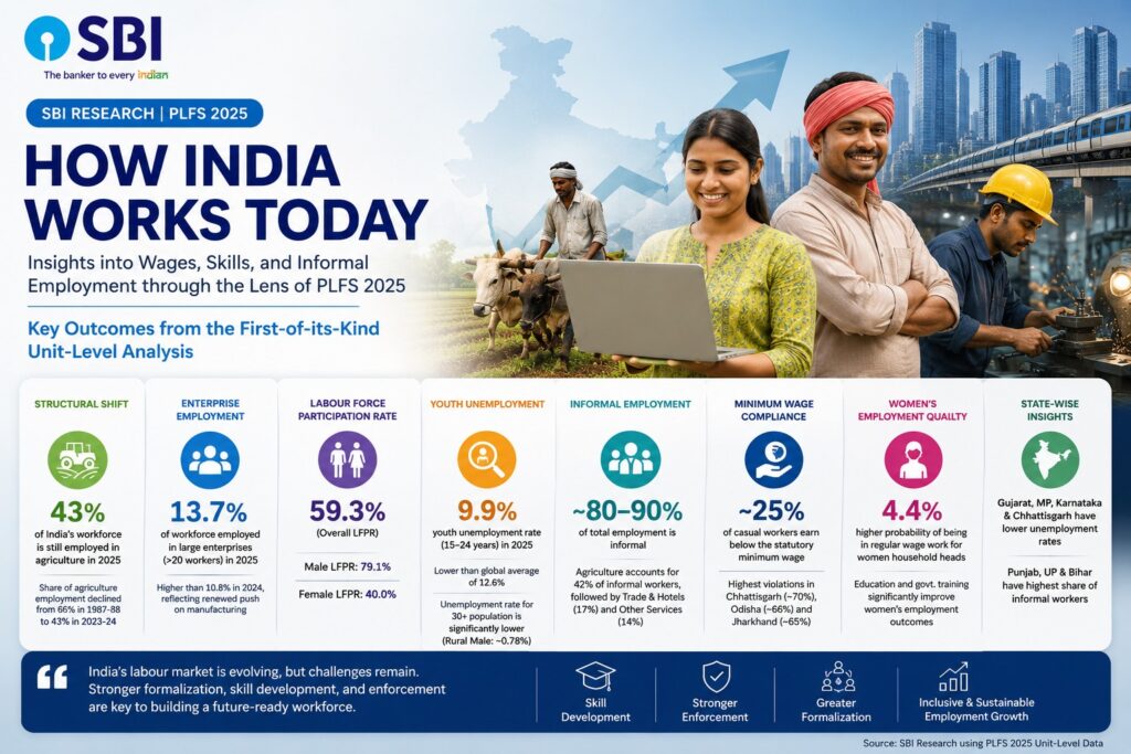 In a detailed report titled “How India Works Today: Insights into Wages, Skills, and Informal Employment through the Lens of PLFS 2025”, SBI Research analysed unit-level data from the Periodic Labour Force Survey (PLFS) 2025 for the first time.