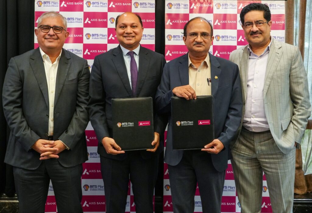 Amitabh Chaudhry, Managing Director and CEO, Axis Bank, and Prof. V. Ramgopal Rao, Vice-Chancellor, BITS Pilani, during the signing of the MoU for the establishment of the ₹100-crore Axis Bank–BITS Industry Research, Technology & Innovation Park at the Hyderabad campus.