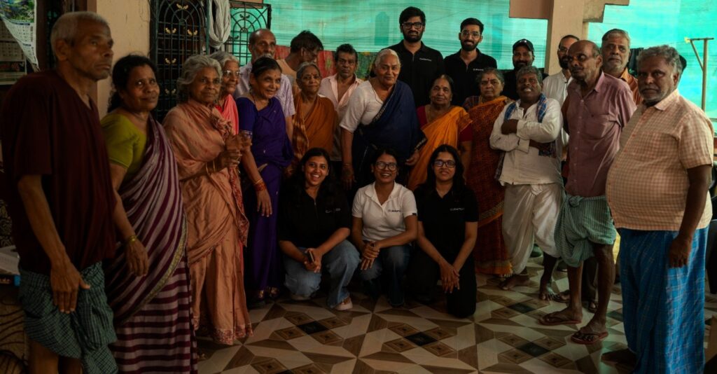 Representatives of CURAPOD and VridhCare interact with senior citizens during a Father's Day outreach programme at Amma Nanna Old Age Home in Hyderabad, promoting awareness of non-invasive pain management and healthy ageing.