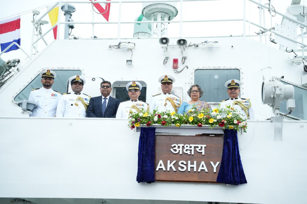 Parama Sen, Additional Secretary (Personnel), Ministry of Finance, commissions ICGS Akshay, a new-generation Fast Patrol Vessel built by Goa Shipyard Limited, into the Bharatiya Tatrakshak fleet at Goa.