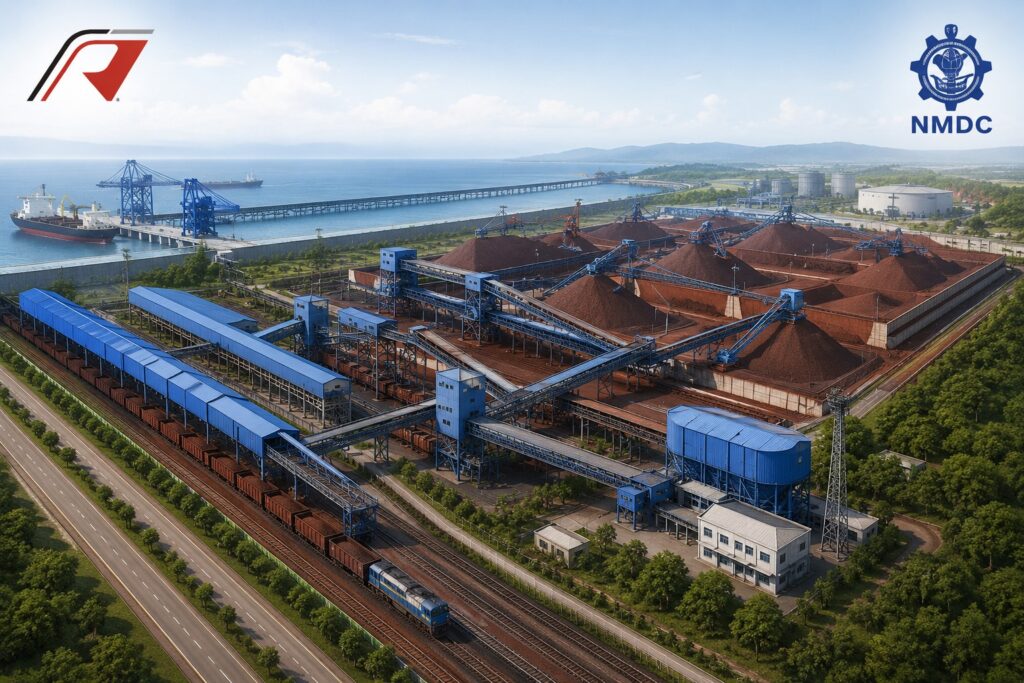 An artist's representation of the proposed NMDC iron ore handling and blending facility at Visakhapatnam, for which RVNL has secured a ₹2,977 crore contract to develop a 10 MTPA logistics and material handling hub.