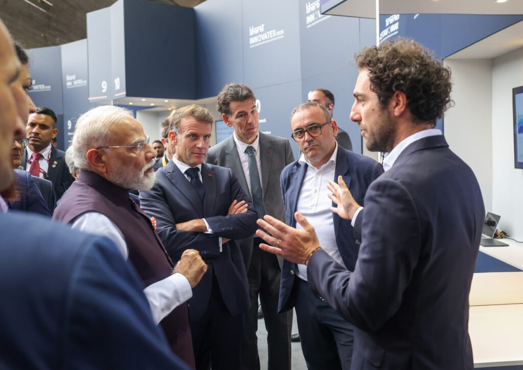 Prime Minister Narendra Modi and French President Emmanuel Macron during a walkthrough of the Bharat Innovates 2026 exhibition in Nice, France, on Sunday.