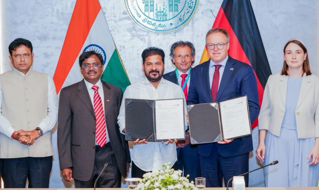 Telangana Chief Minister A. Revanth Reddy and Mario Voigt, Minister-President of Germany's Thuringia state, exchange documents after signing an MoU on cooperation in technology, skill development, startups and life sciences, in the presence of ministers D. Sridhar Babu and G. Vivek Venkataswamy, in Hyderabad on Wednesday.