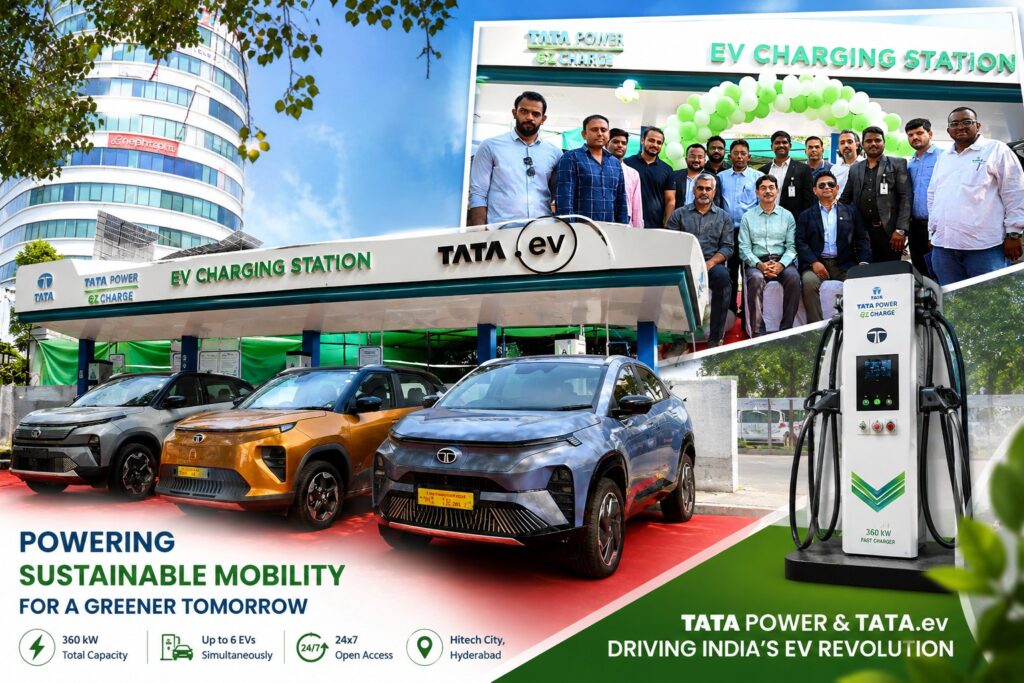 Jayesh Ranjan, Special Chief Secretary to the Government of Telangana, and Gopalakrishnan VC, Director, Automotive and EV Sector, Industries and Commerce Department, Government of Karnataka, along with senior representatives from Tata Power and Tata Passenger Electric Mobility Limited (TPEM), at the inauguration of Telangana's first high-speed TATA.ev MegaCharger Hub at iLabs Centre, Hyderabad, on Friday.