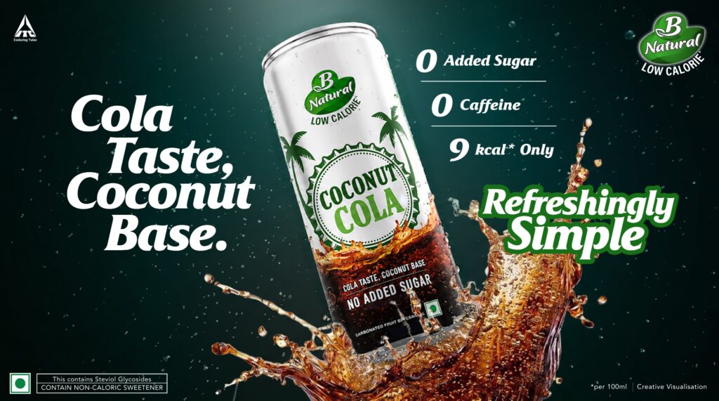 B Natural Coconut Cola is being introduced in a 250 ml can priced at ₹60 and will initially be available across leading retail outlets and quick-commerce platforms in Delhi, Mumbai, Bengaluru, Hyderabad, Chennai, Kolkata, Pune and Ahmedabad, with further expansion planned.