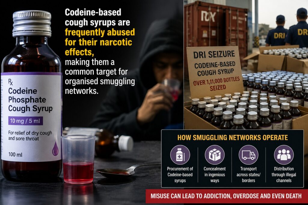 Codeine-based cough syrups are frequently abused for their narcotic effects, making them a common target for organised smuggling networks.