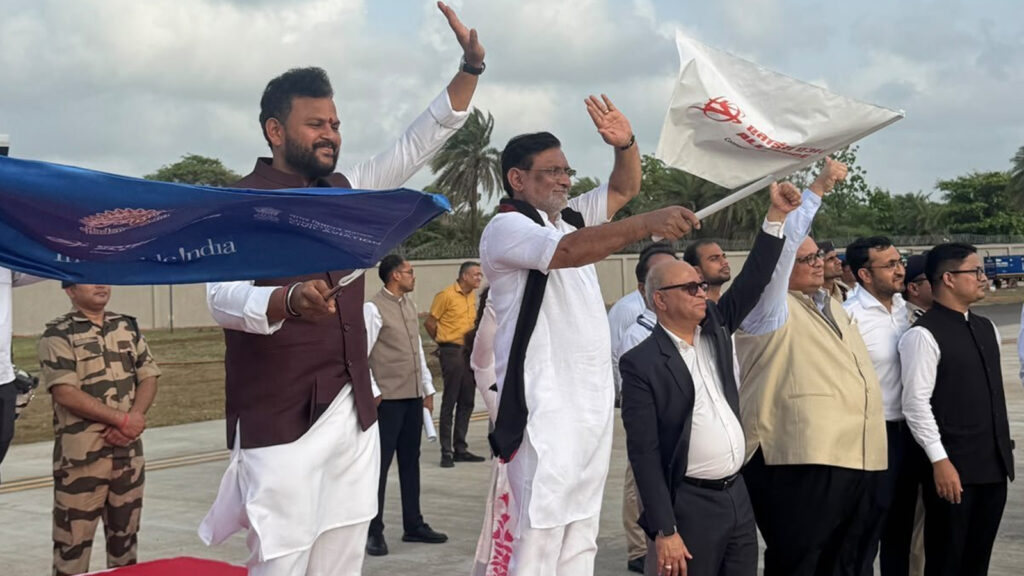 Union Civil Aviation Minister Ram Mohan Naidu Kinjarapu and Administrator of Dadra and Nagar Haveli, and Daman and Diu, Praful Patel, flag off the inaugural Daman-Delhi-Daman flight on Thursday.
