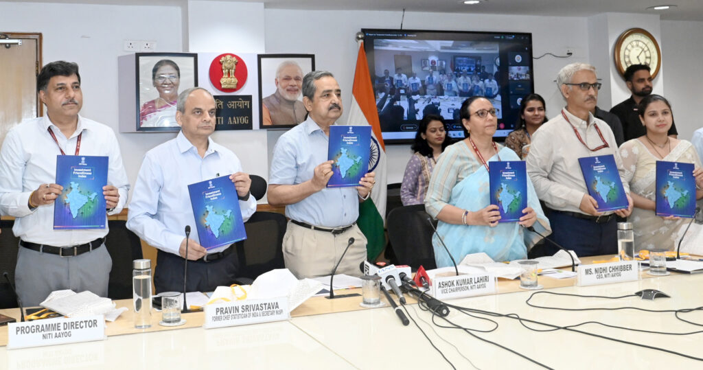 Dr Ashok Kumar Lahiri, Vice Chairman, NITI Aayog, along with other officials, releases Investment Friendliness Index in New Delhi on Friday.