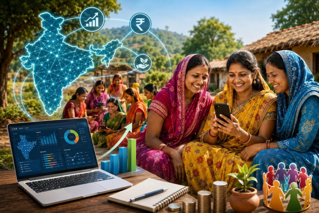 LokOS offers a range of digital capabilities, including Aadhaar- and bank-linked digital identities for community institutions and members, digital financial records, livelihood profiling, role-based administration and real-time analytics dashboards that enable data-driven decision-making from the village level to national programme monitoring.