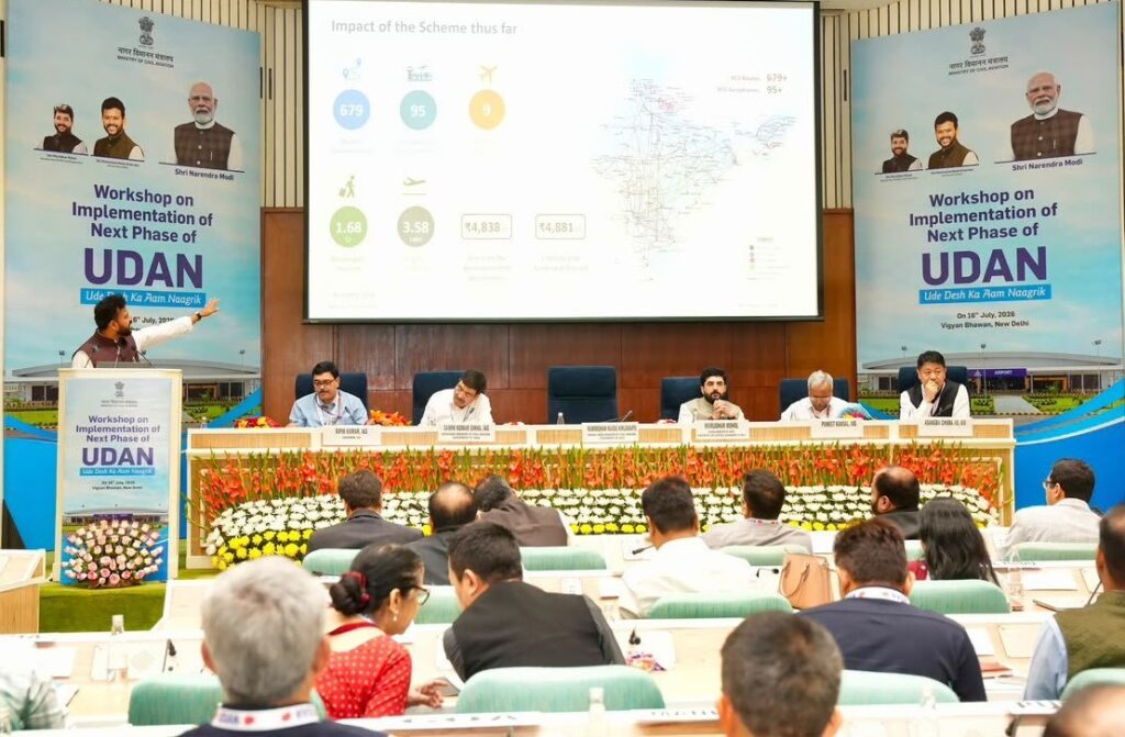Civil Aviation Minister Ram Mohan Naidu presents the implementation framework for the Modified UDAN scheme during a stakeholder workshop organised by the Ministry of Civil Aviation at Vigyan Bhawan in New Delhi on Thursday.