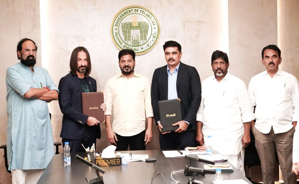 Telangana Chief Minister A. Revanth Reddy interacts with Analog Founder and CEO Alex Kipman and MEIL Managing Director P. Krishna Reddy during a meeting at the Bodhi Pavilion, MCR HRD Institute, Hyderabad, on Wednesday, where they discussed AI-enabled traffic management, physical intelligence, and next-generation urban infrastructure solutions.