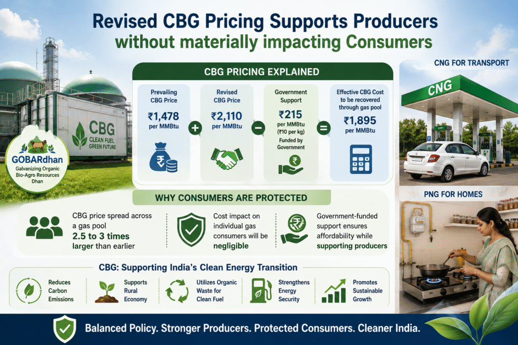 Under the existing system, the price paid to CBG producers is linked to 85% of the retail selling price of CNG. Based on the latest revision, this translates into approximately ₹1,478 per MMBtu.