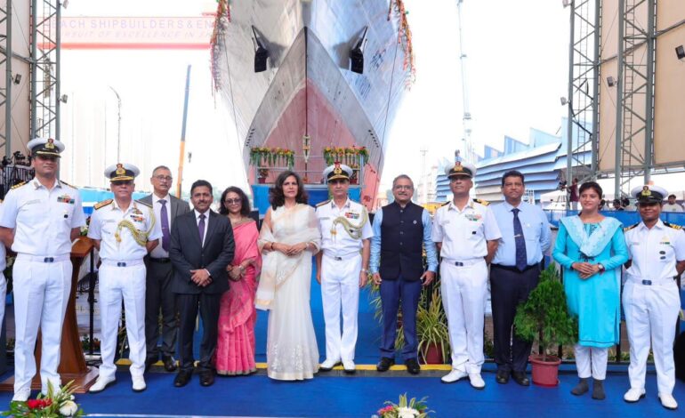 Navy launches next-generation offshore patrol vessel Shruti at GRSE