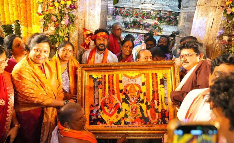 Telangana CM Revanth Reddy offers Pattu Vastralu at Ujjayini Mahakali Temple during Bonalu celebrations