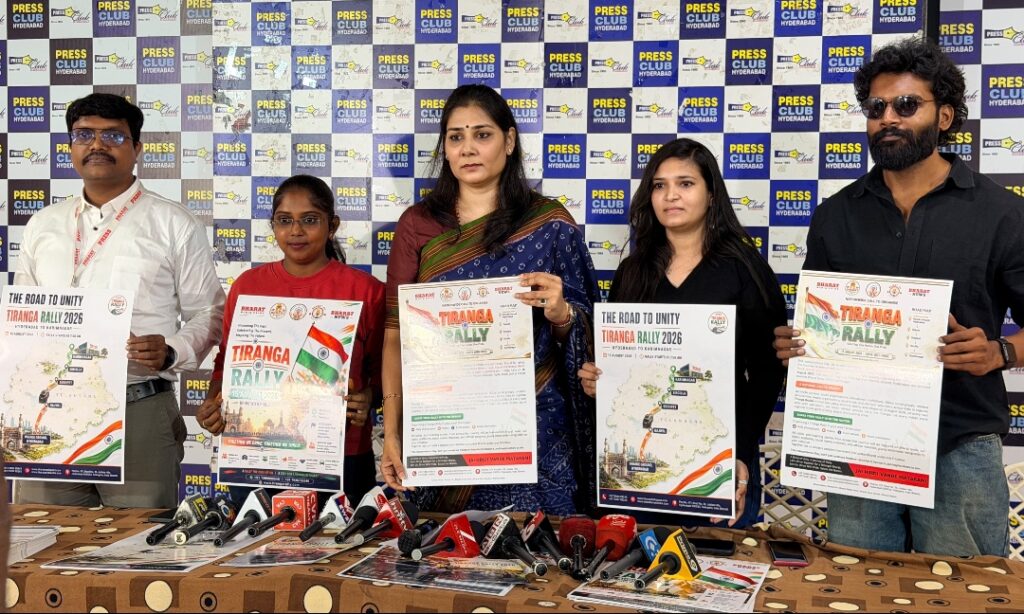 BJP State Executive Member Keerthi Reddy, along with members of the Akhanda Bharati Foundation, including Synthal, Telugu actor Jai Siddharth, HR professional Himabindu and anchor Sahana, releases the poster for the Tiranga Rally in Hyderabad on Monday.