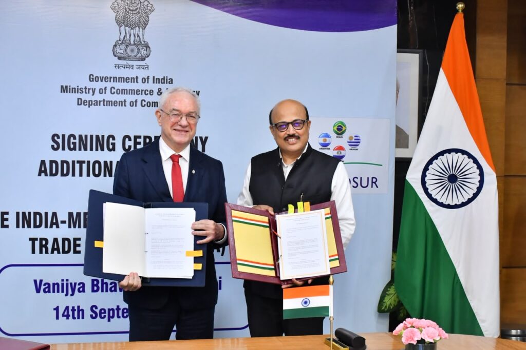 The protocol was signed by Commerce Secretary Rajesh Agarwal, Ambassador of Uruguay to India Alberto Guani and Ambassador of Paraguay to India Fleming Raul Duarte Ramos in the presence of Uruguay’s Foreign Minister Mario Lubetkin, representing the current Pro Tempore Presidency of MERCOSUR, in New Delhi on Monday.