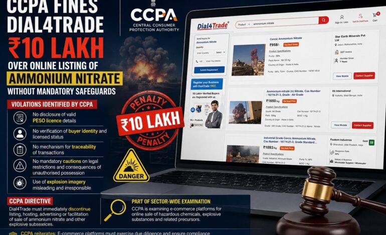 CCPA fines Dial4Trade ₹10 lakh over online listing of ammonium nitrate