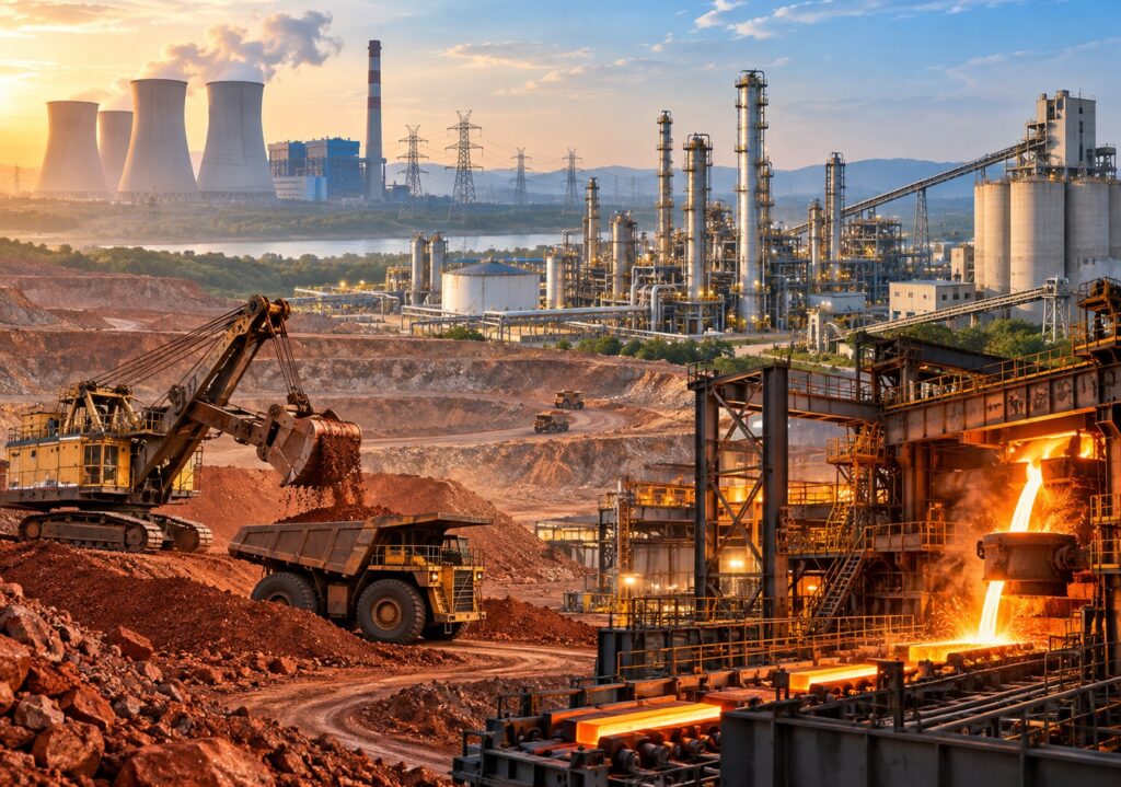 Mining, steelmaking, refining and power infrastructure representing India’s core industries.