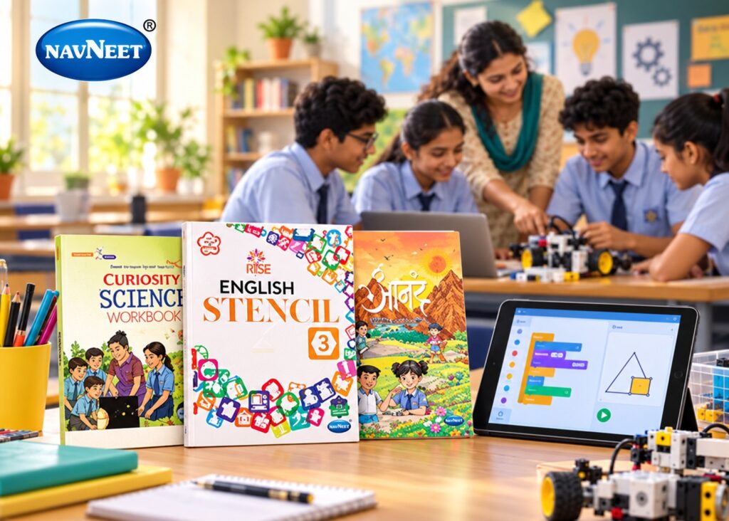 Representational illustration of classroom learning combining textbooks, coding and robotics.