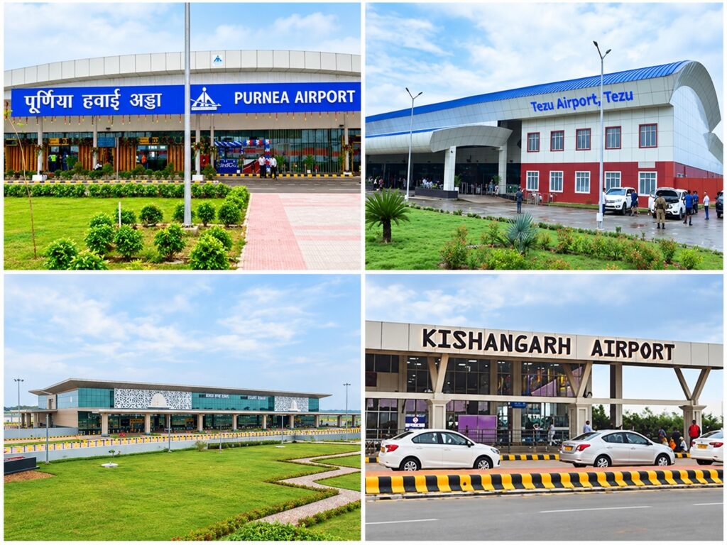 Clockwise from top left: Purnea, Tezu, Kishangarh and Deoghar airports. AI-assisted montage based on images supplied in the PIB release.
