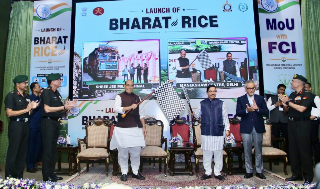 Defence Minister Rajnath Singh and Consumer Affairs, Food and Public Distribution Minister Pralhad Joshi launch Bharat Rice for defence personnel in New Delhi on Monday, October 12, 2026.