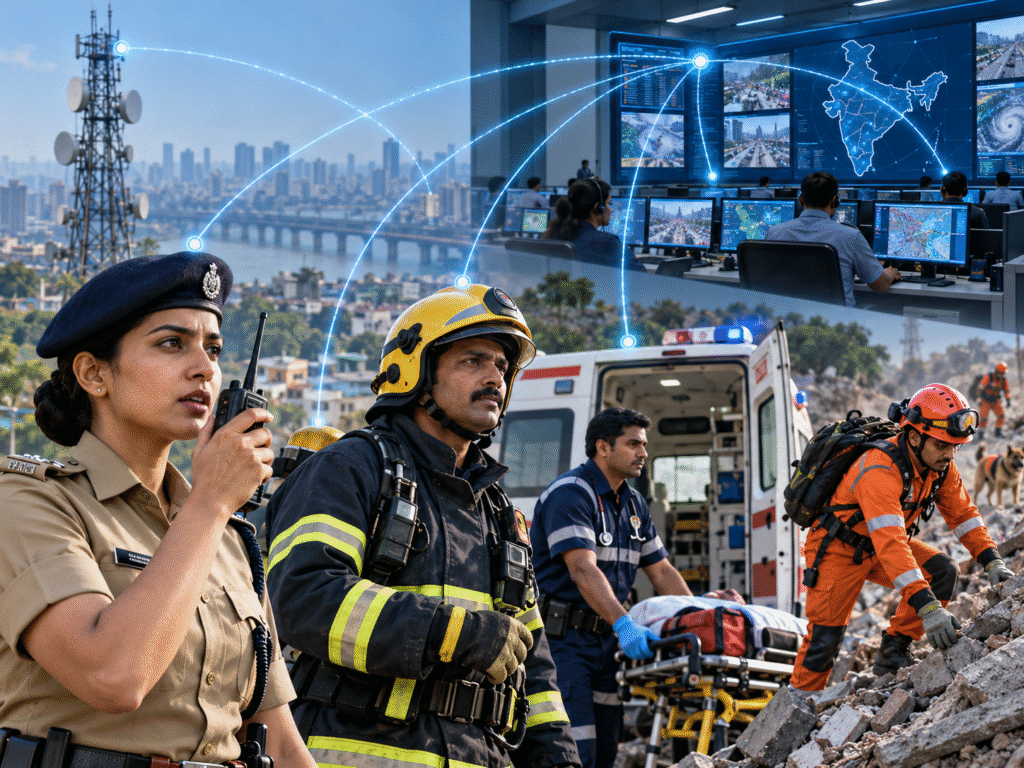 Representational image of the proposed broadband network connecting police, fire, medical and disaster response services for coordinated emergency operations.