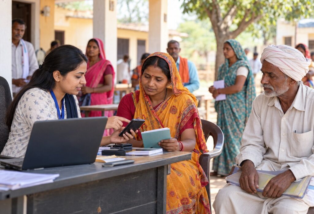 A representative image of villagers receiving assistance with banking and digital financial services at an outreach camp.