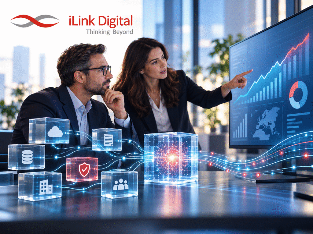 Representational illustration of governed enterprise data supporting AI-assisted analysis and business decisions.