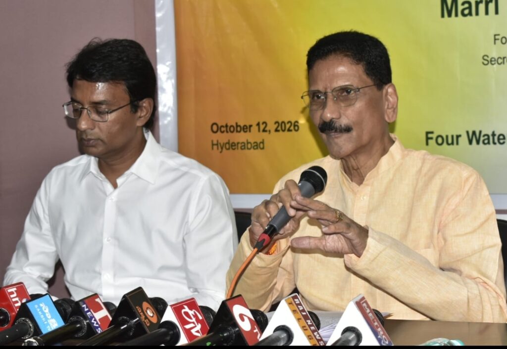Former NDMA vice-chairman Marri Shashidhar Reddy addresses a media conference in Hyderabad on Monday. Indrasena Reddy of the Justice Subhashan Reddy Trust is also seen.