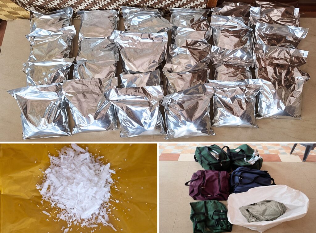 Suspected methamphetamine, foil packets and bags seized in Nagapattinam. AI-assisted montage based on DRI/PIB photographs.