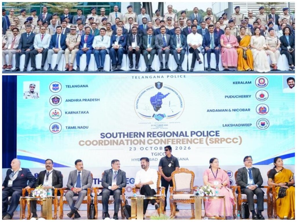 Telangana Chief Minister A. Revanth Reddy with participants at the inauguration of the Southern Regional Police Coordination Committee meeting at the ICCC in Hyderabad on Friday.