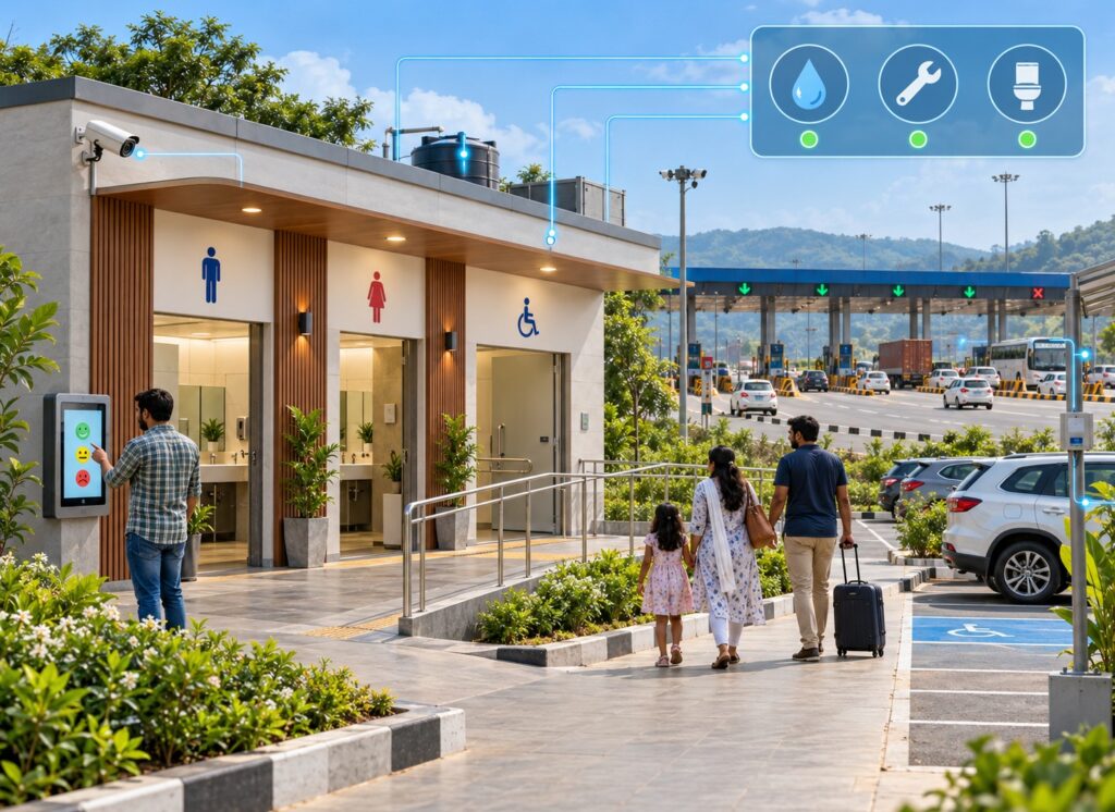 Representational image of accessible toll-plaza amenities with digital feedback, smart monitoring and designated parking.